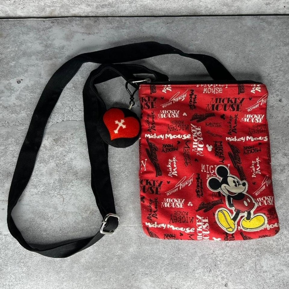 Disney Parks Mickey Mouse Autograph Red Crossbody Canvas Bag Embroidered‎
